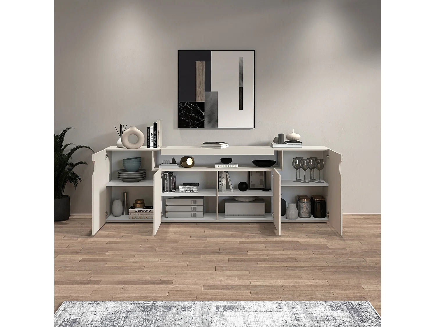 Credenza Real con 4 ante e 1 vano aperto cashmere 200x40x80 cm