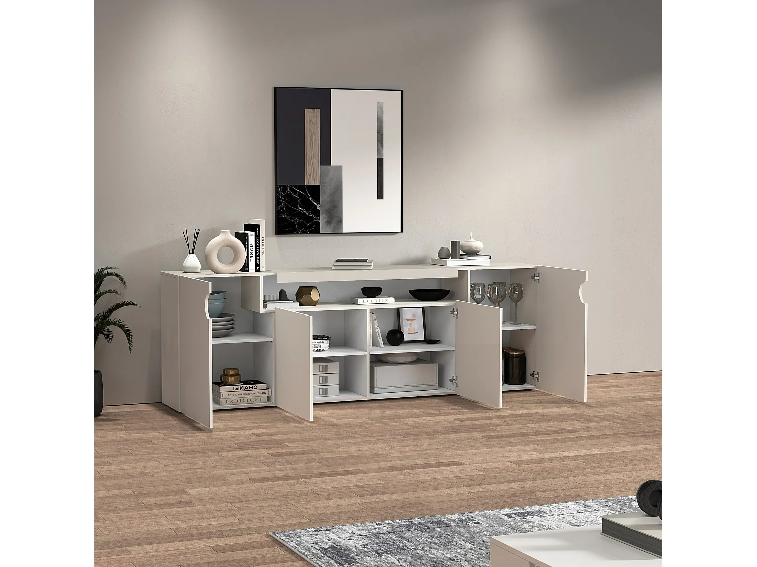 Credenza Real con 4 ante e 1 vano aperto cashmere 200x40x80 cm