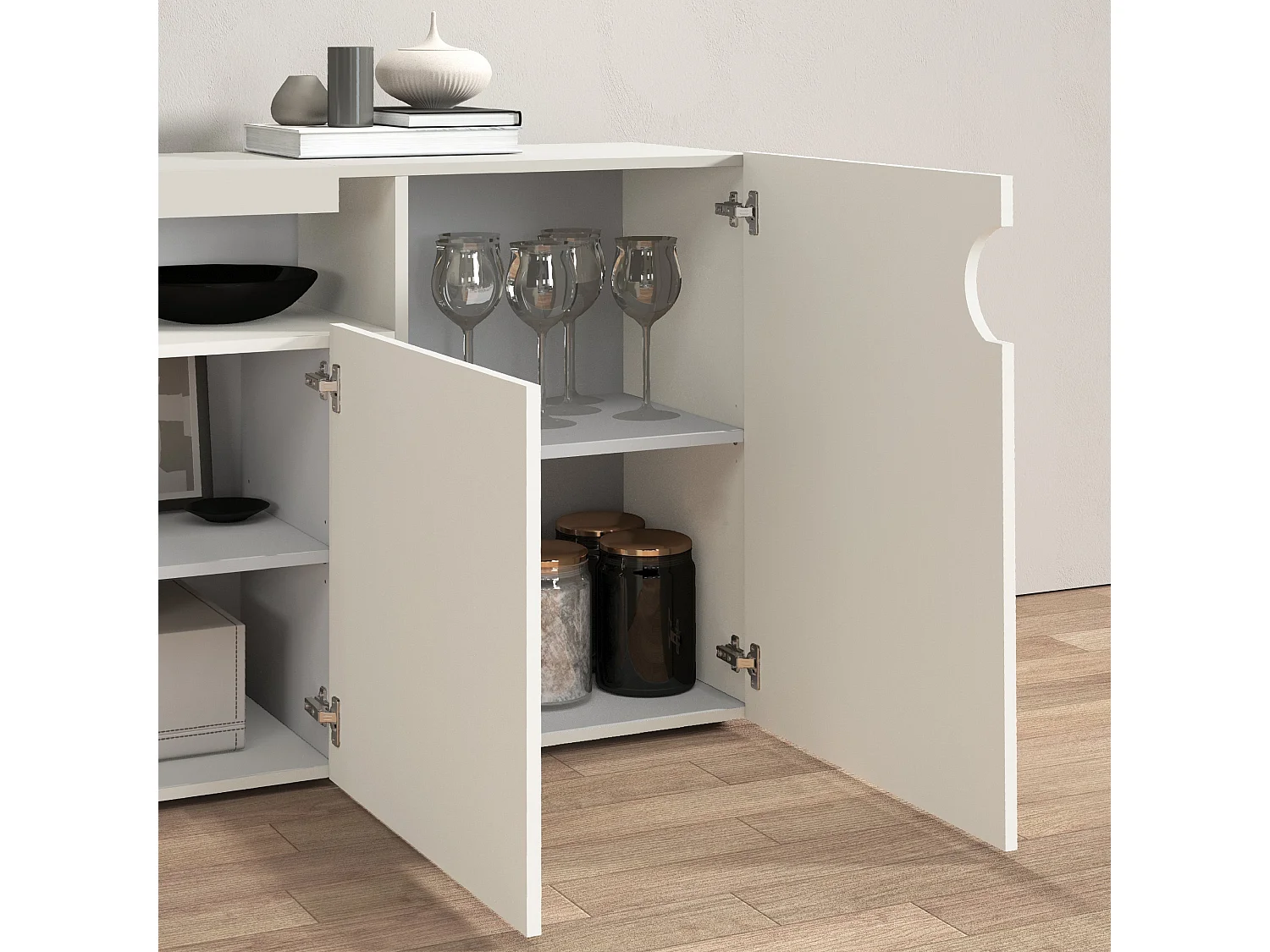 Credenza Real con 4 ante e 1 vano aperto cashmere 200x40x80 cm