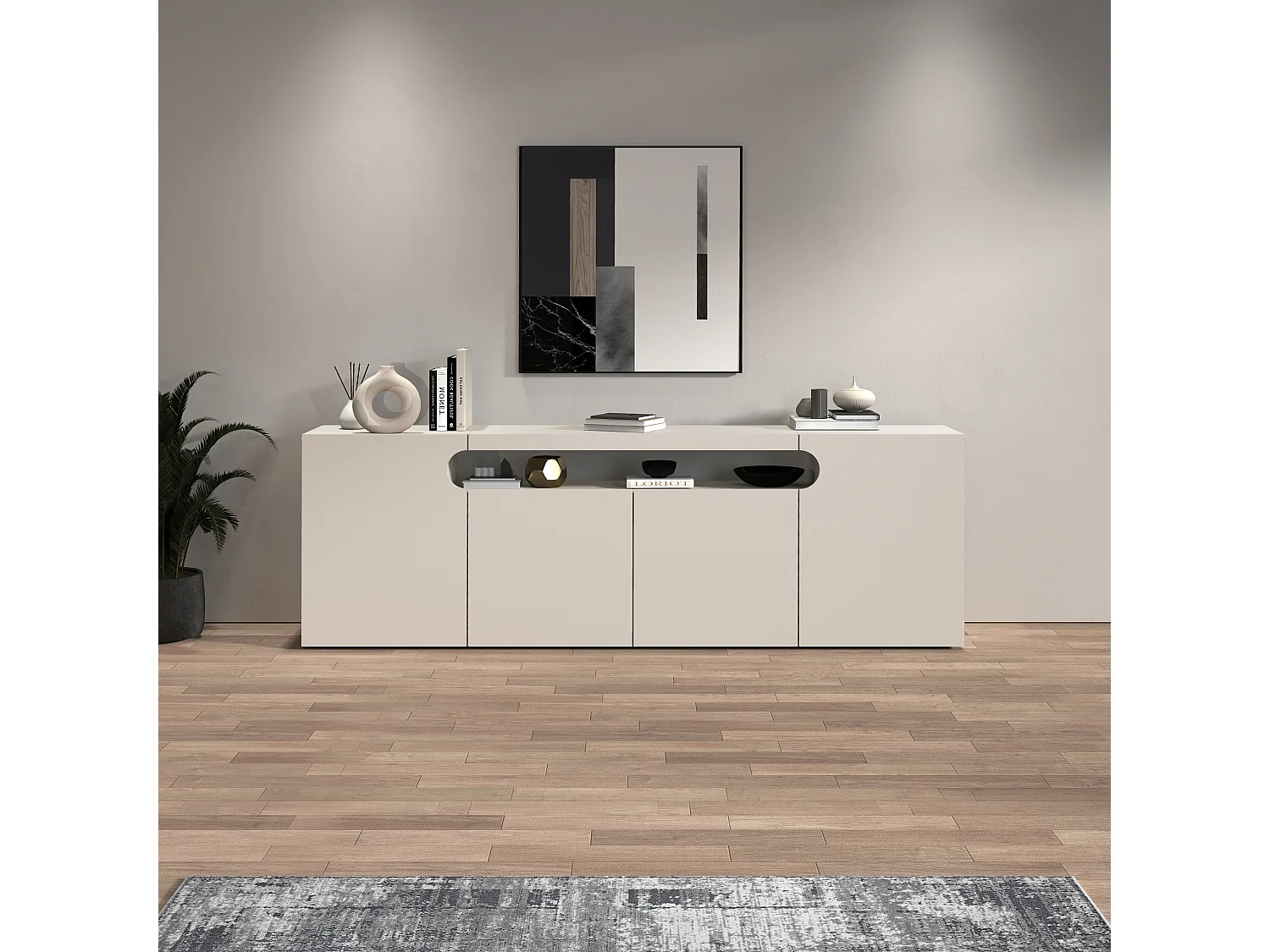 Credenza Real con 4 ante e 1 vano aperto cashmere 200x40x80 cm