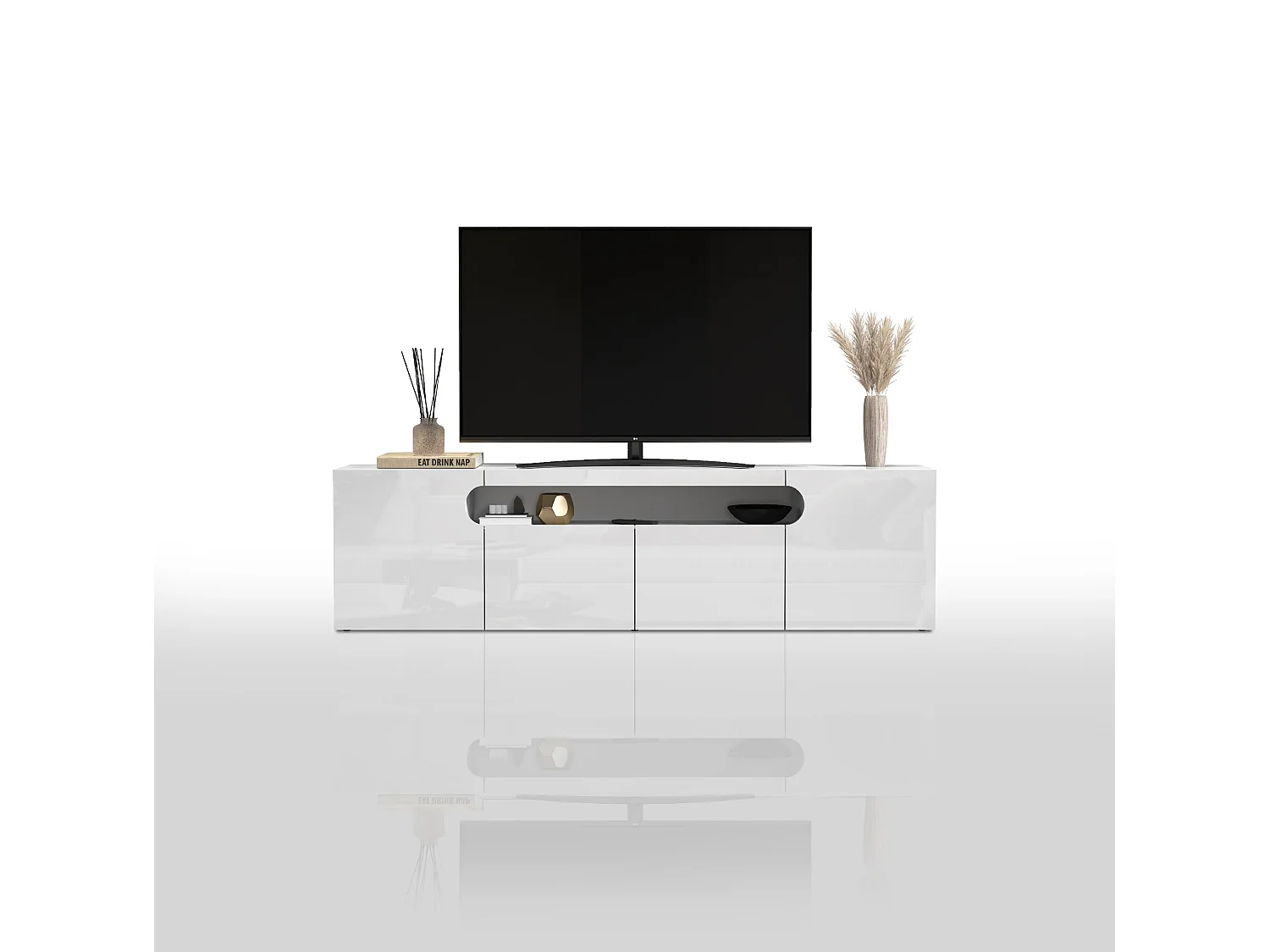 Mueble TV Real con 4 puertas y 1 compartimento abierto blanco brillo 200x40x60 cm