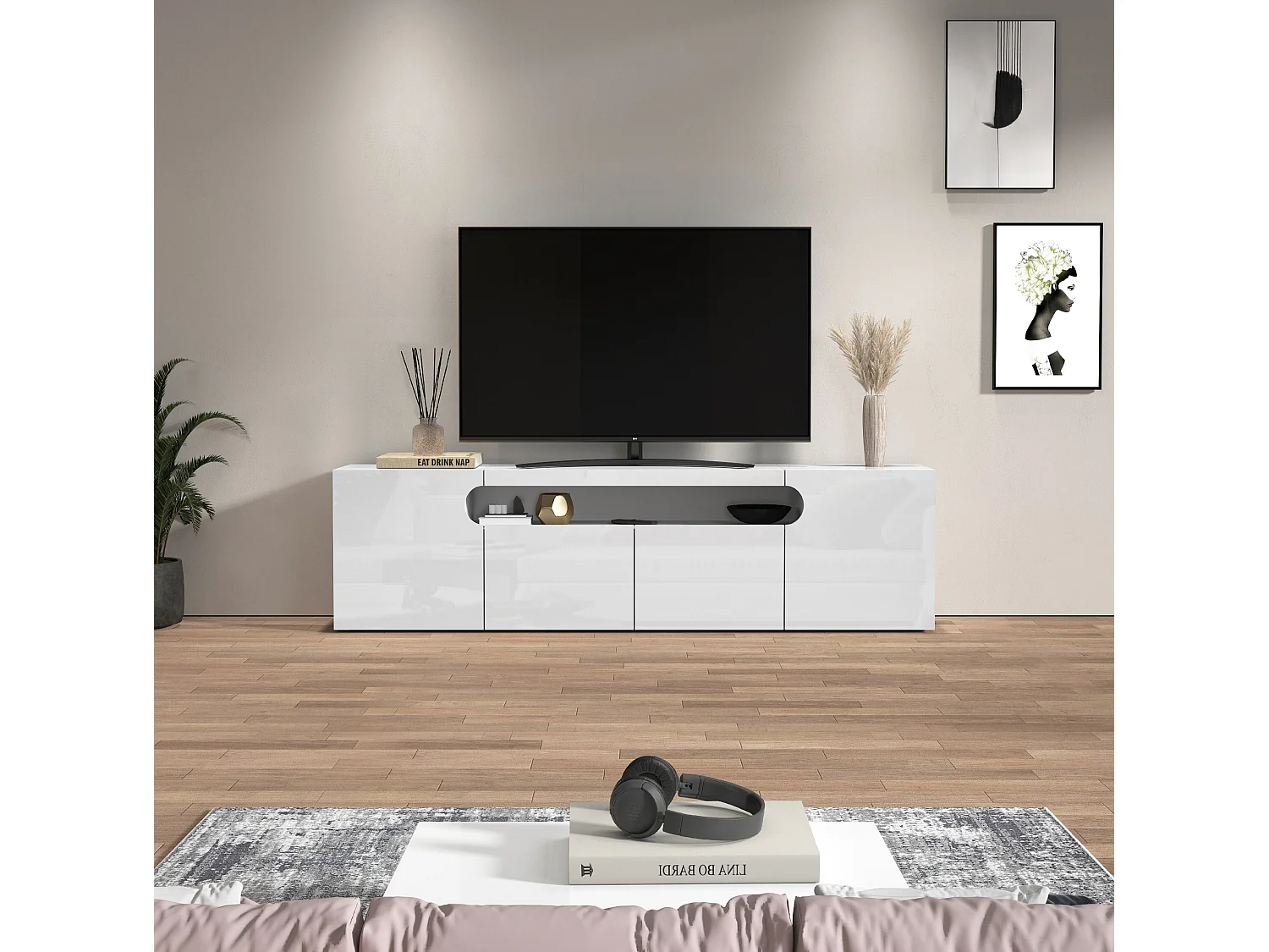 Mueble TV Real con 4 puertas y 1 compartimento abierto blanco brillo 200x40x60 cm