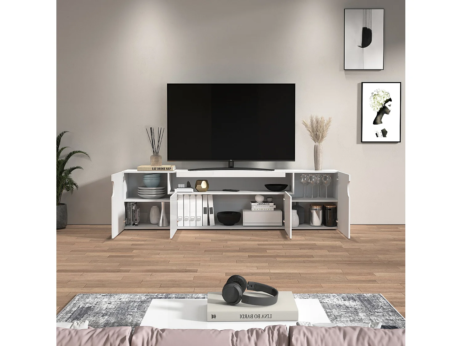 Mueble TV Real con 4 puertas y 1 compartimento abierto blanco brillo 200x40x60 cm