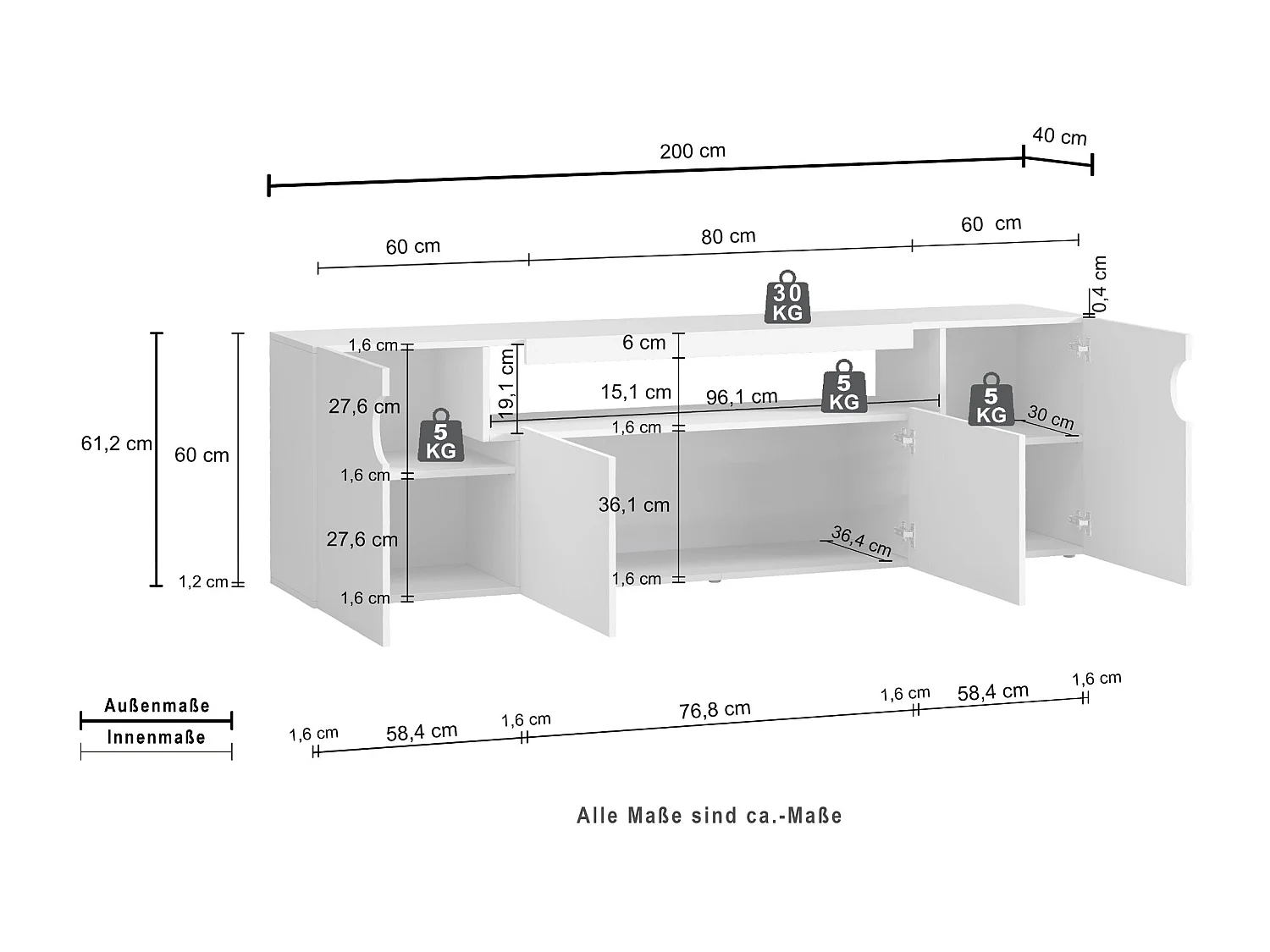 Mueble TV Real con 4 puertas y 1 compartimento abierto blanco brillo 200x40x60 cm