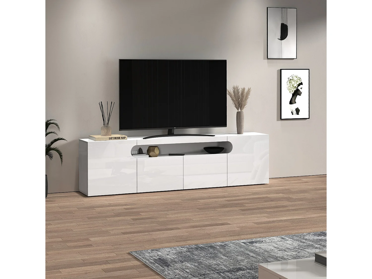 Mueble TV Real con 4 puertas y 1 compartimento abierto blanco brillo 200x40x60 cm