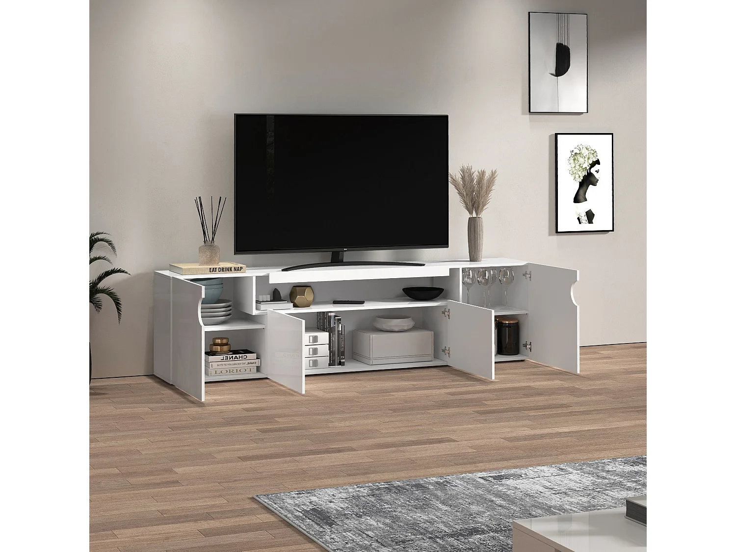 Mueble TV Real con 4 puertas y 1 compartimento abierto blanco brillo 200x40x60 cm