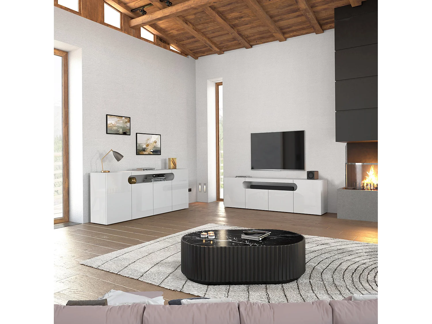 Mueble TV Real con 4 puertas y 1 compartimento abierto blanco brillo 200x40x60 cm