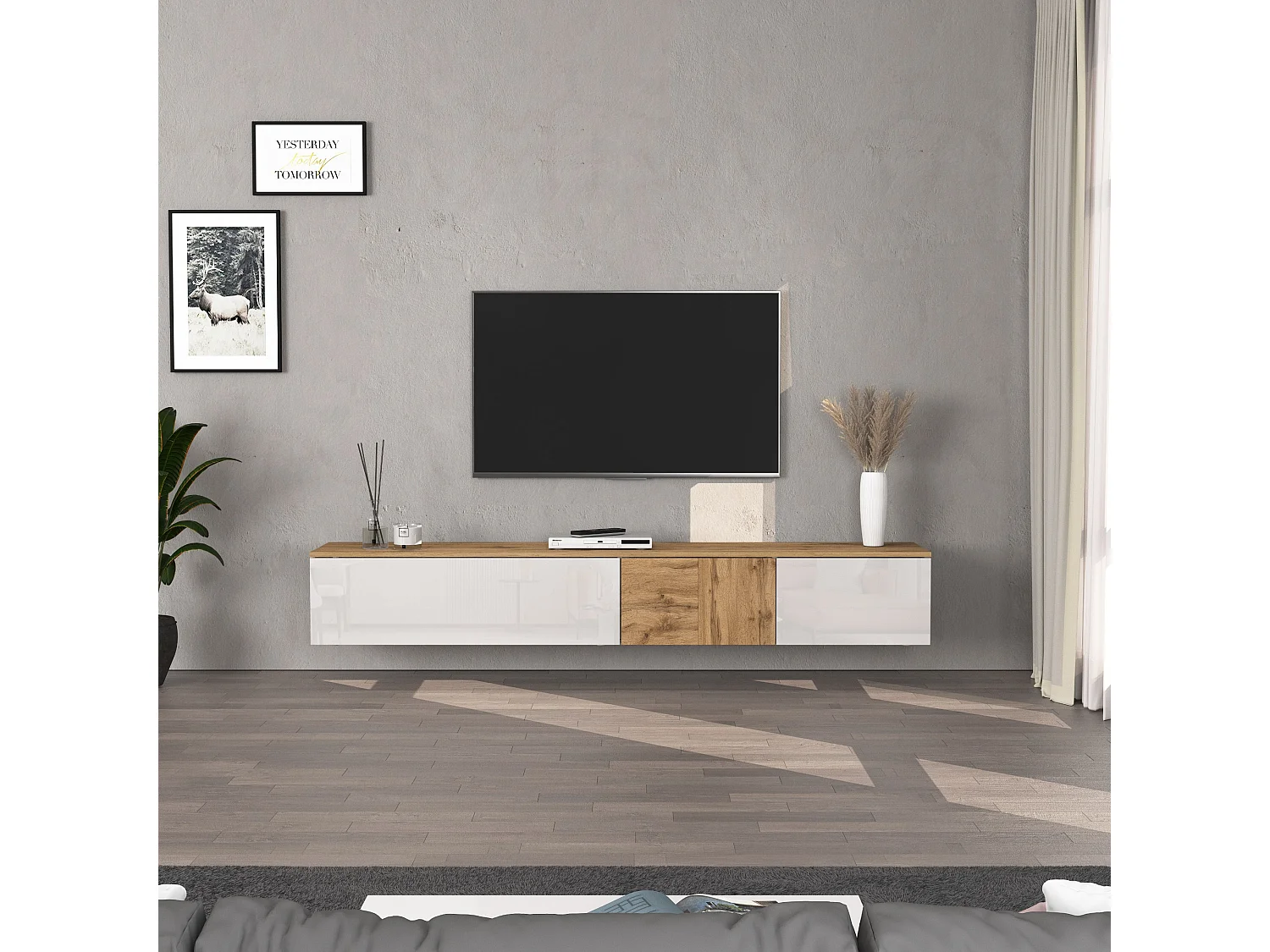 Mobile porta TV sospeso Iseo con 2 ante e 1 ribalta bianco lucido e rovere 200x35x30 cm