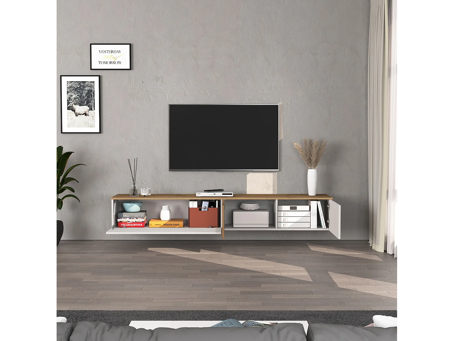 Mobile porta TV sospeso Iseo con 2 ante e 1 ribalta bianco lucido e rovere 200x35x30 cm