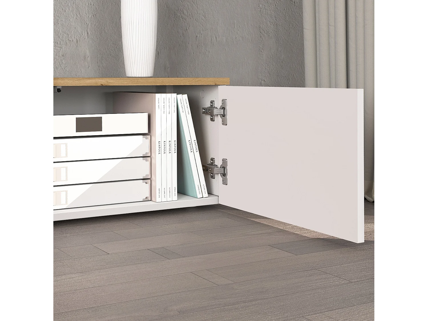 Mobile porta TV sospeso Iseo con 2 ante e 1 ribalta bianco lucido e rovere 200x35x30 cm