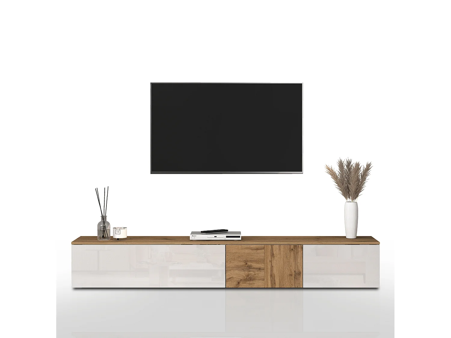 Mueble TV suspendido Iseo con 2 puertas y 1 puerta abatible blanco brillo y roble 200x35x30 cm