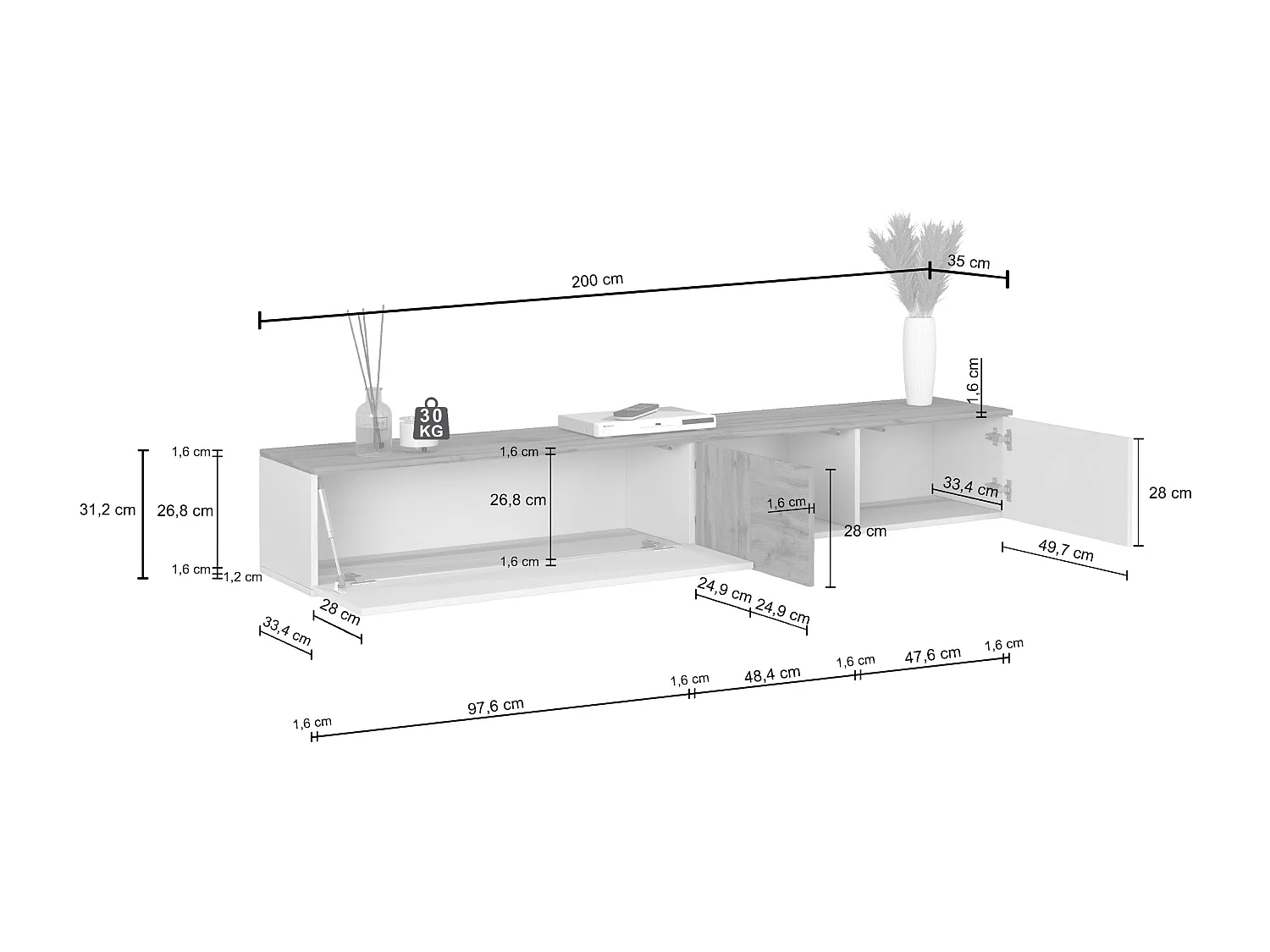 Mueble TV suspendido Iseo con 2 puertas y 1 puerta abatible blanco brillo y roble 200x35x30 cm