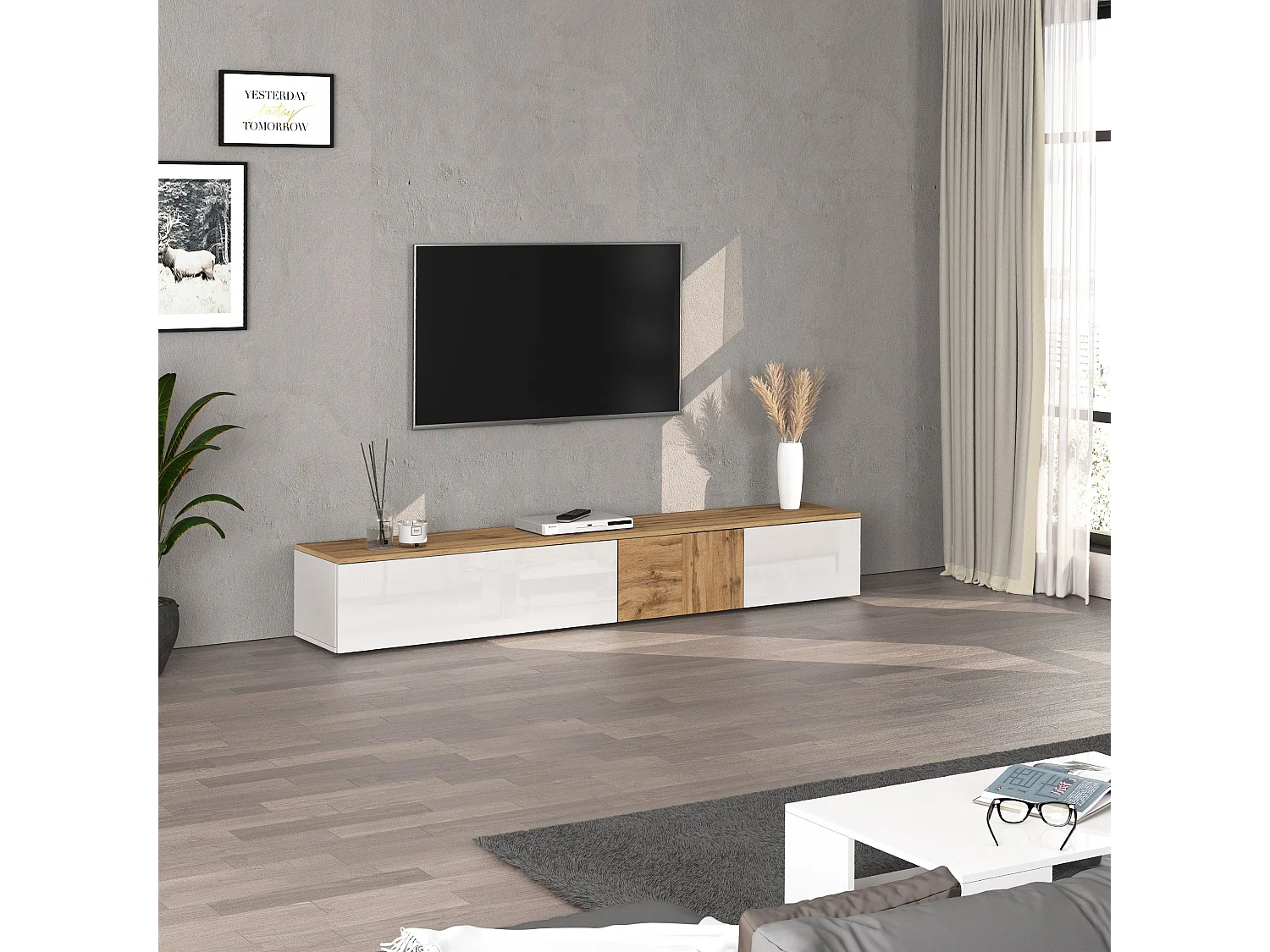 Mueble TV suspendido Iseo con 2 puertas y 1 puerta abatible blanco brillo y roble 200x35x30 cm