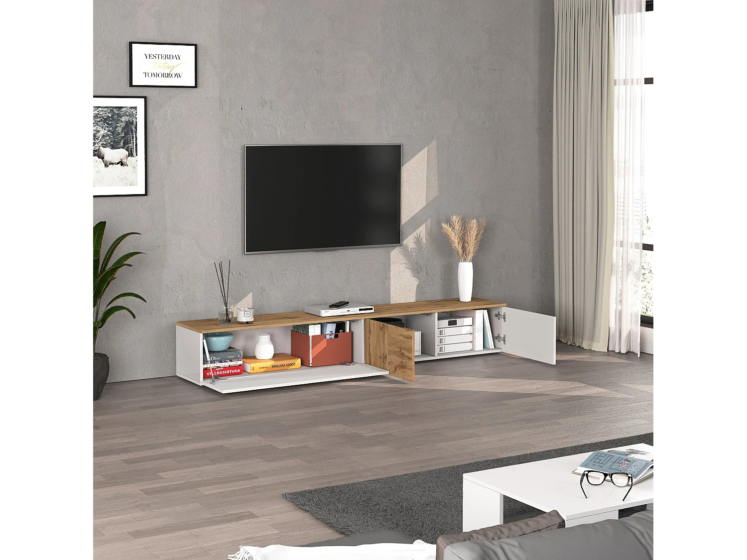 Mueble TV suspendido Iseo con 2 puertas y 1 puerta abatible blanco brillo y roble 200x35x30 cm