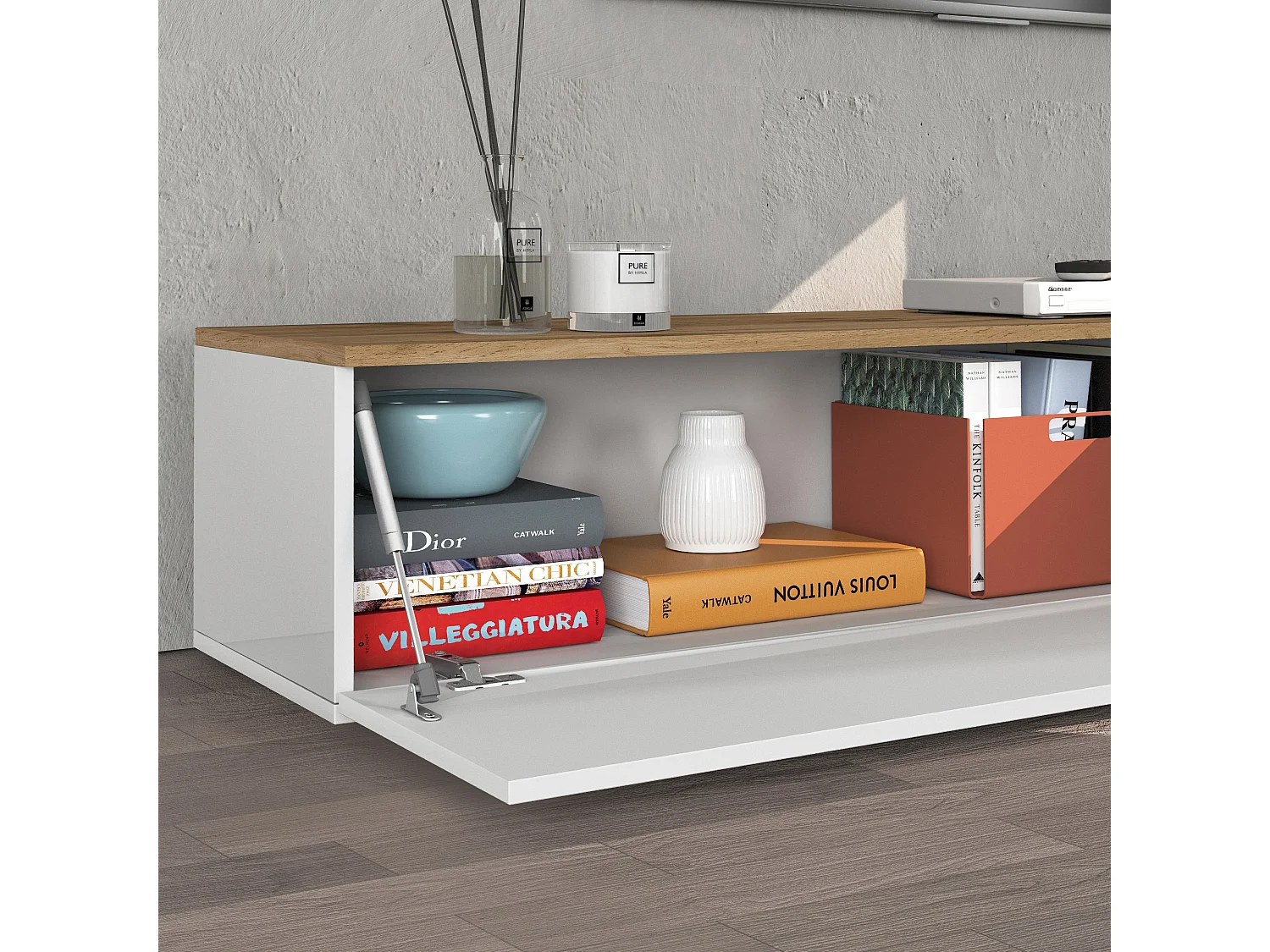 Mueble TV suspendido Iseo con 2 puertas y 1 puerta abatible blanco brillo y roble 200x35x30 cm