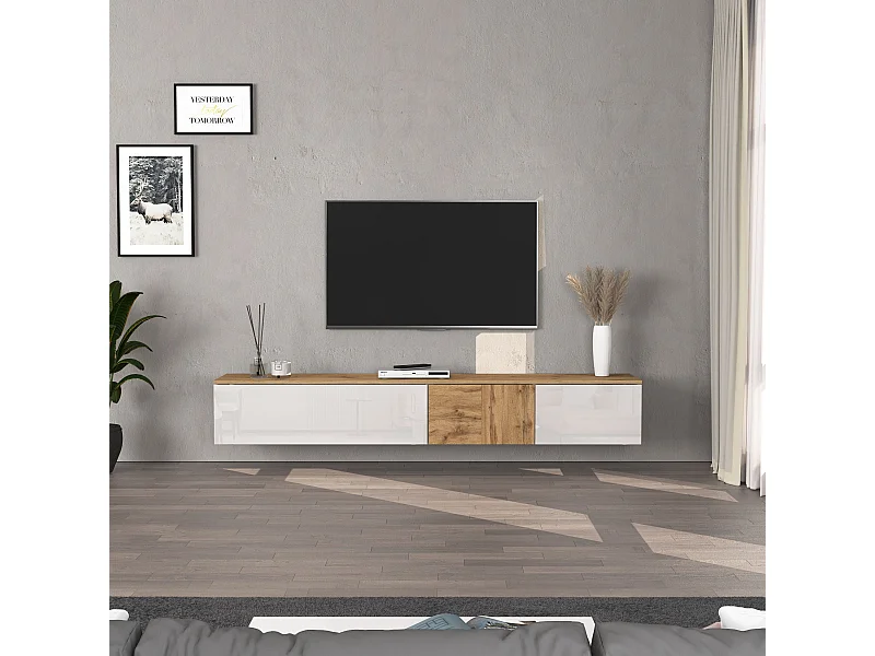 Mueble TV suspendido Iseo con 2 puertas y 1 puerta abatible blanco brillo y roble 200x35x30 cm