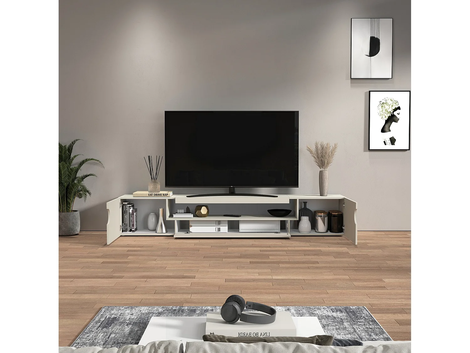 Mobile porta TV Real con 2 ante laterali 1 ribalta e 1 vano aperto cashmere 240x40x40 cm