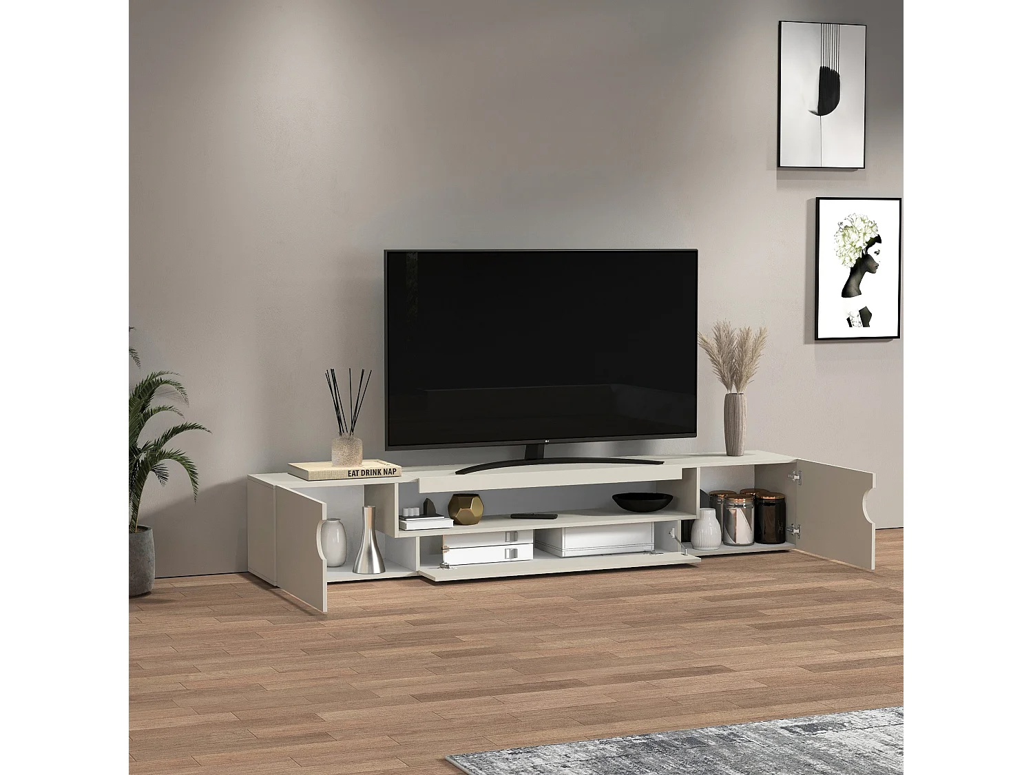 Mobile porta TV Real con 2 ante laterali 1 ribalta e 1 vano aperto cashmere 240x40x40 cm