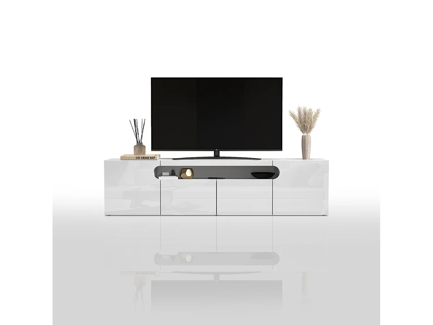 Mueble TV Real con 4 puertas y 1 compartimento abierto blanco brillo 240x40x60 cm