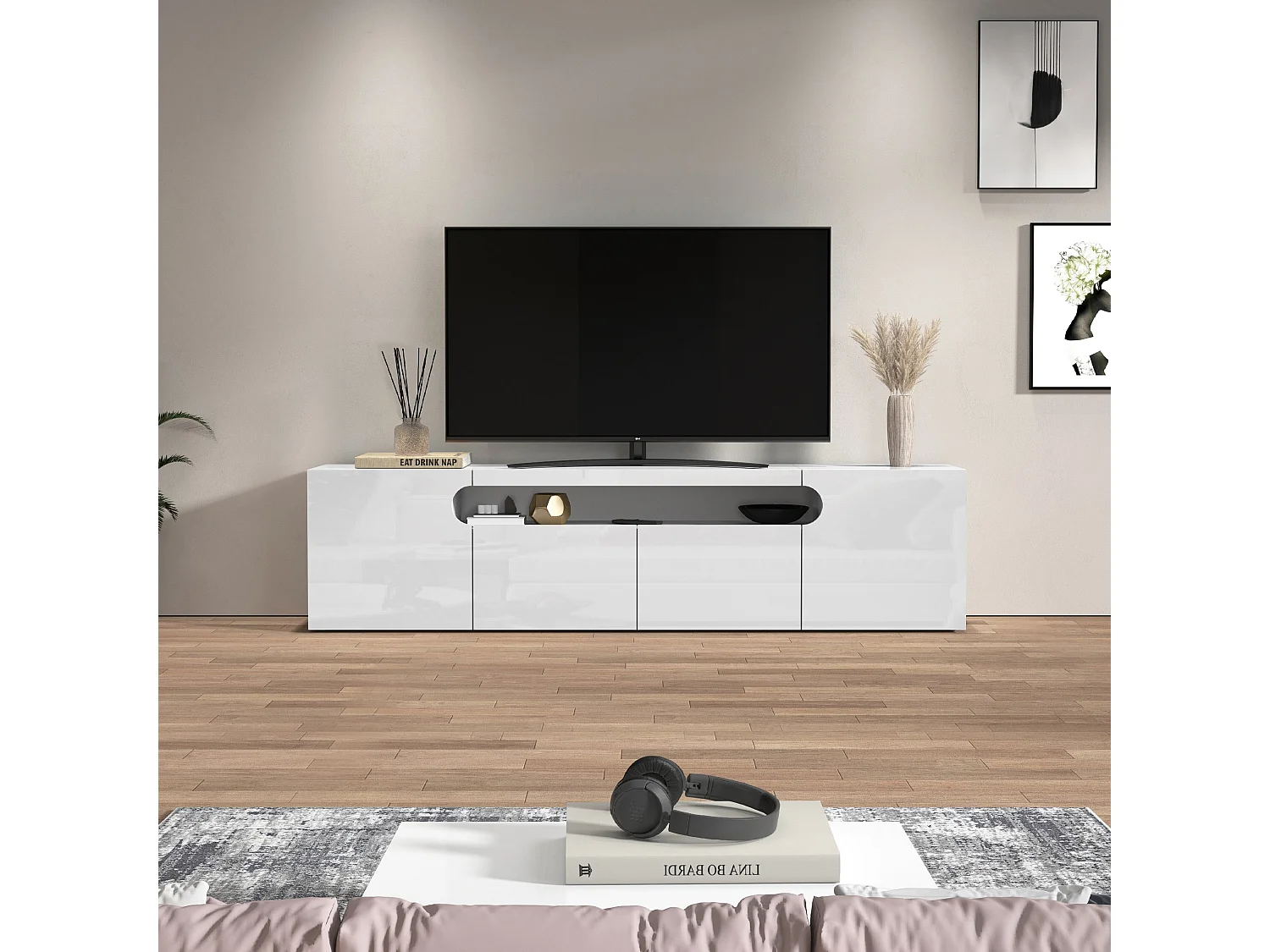 Mueble TV Real con 4 puertas y 1 compartimento abierto blanco brillo 240x40x60 cm