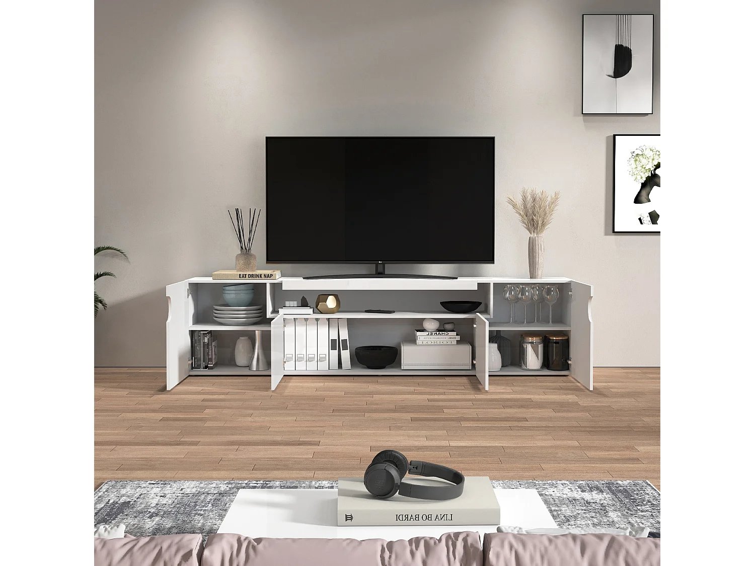 Mueble TV Real con 4 puertas y 1 compartimento abierto blanco brillo 240x40x60 cm