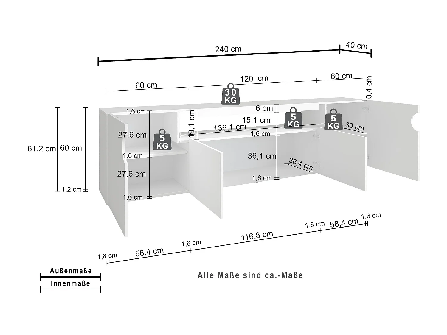 Mueble TV Real con 4 puertas y 1 compartimento abierto blanco brillo 240x40x60 cm