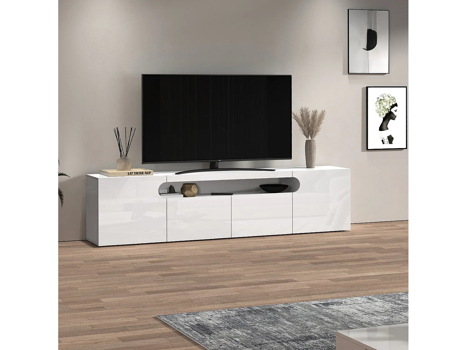 Mueble TV Real con 4 puertas y 1 compartimento abierto blanco brillo 240x40x60 cm