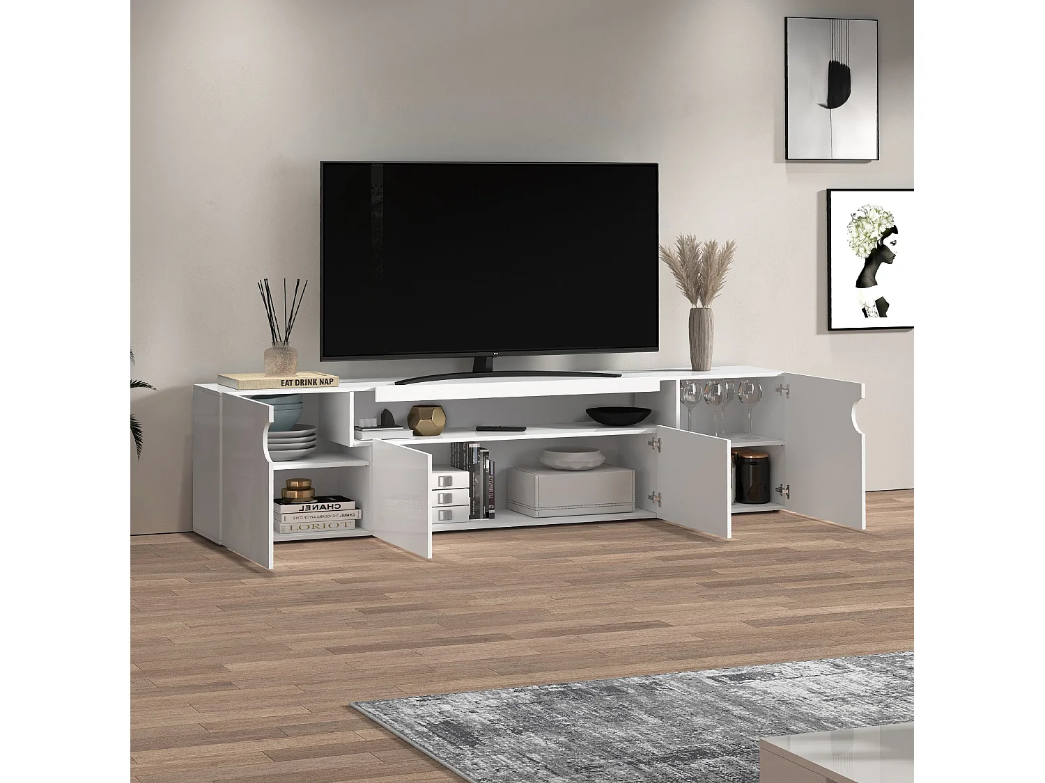 Mueble TV Real con 4 puertas y 1 compartimento abierto blanco brillo 240x40x60 cm
