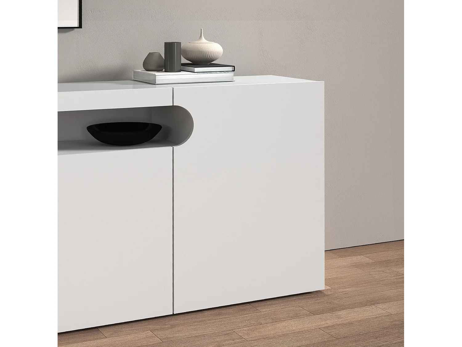 Mueble TV Real con 4 puertas y 1 compartimento abierto blanco brillo 240x40x60 cm