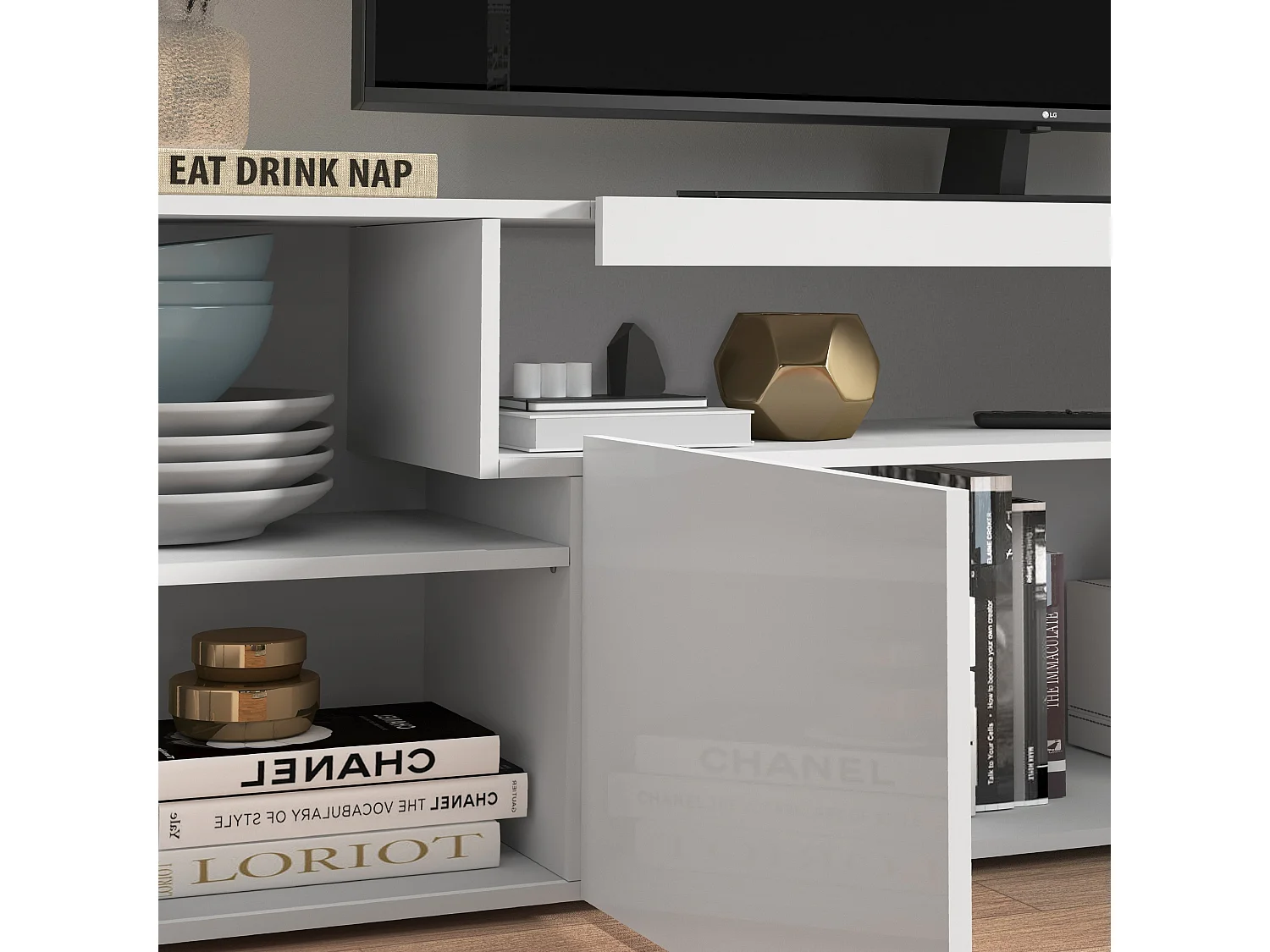 Mueble TV Real con 4 puertas y 1 compartimento abierto blanco brillo 240x40x60 cm