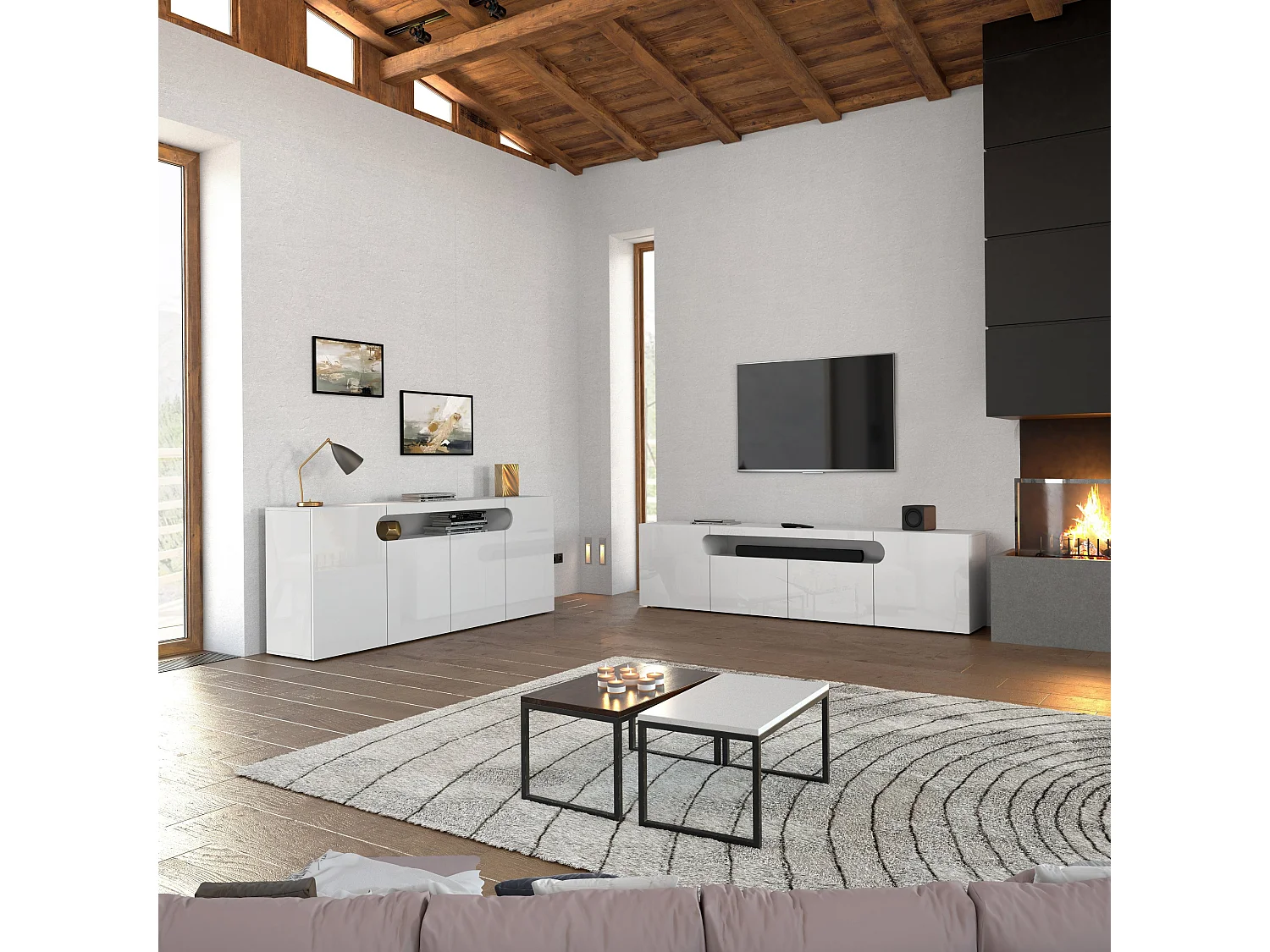 Mueble TV Real con 4 puertas y 1 compartimento abierto blanco brillo 240x40x60 cm