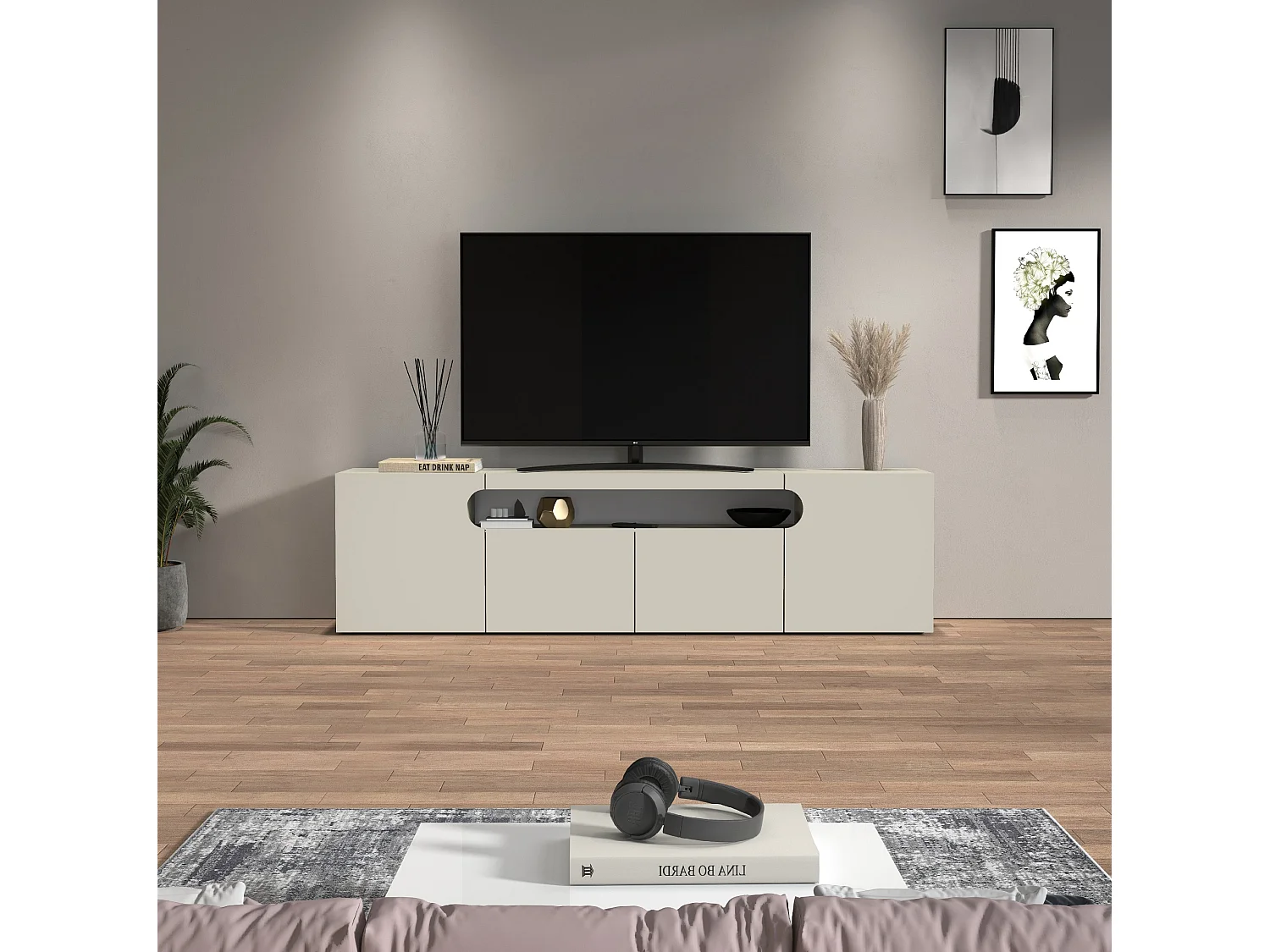 Mueble TV Real con 4 puertas y 1 compartimento abierto en color cachemira 200x40x60 cm