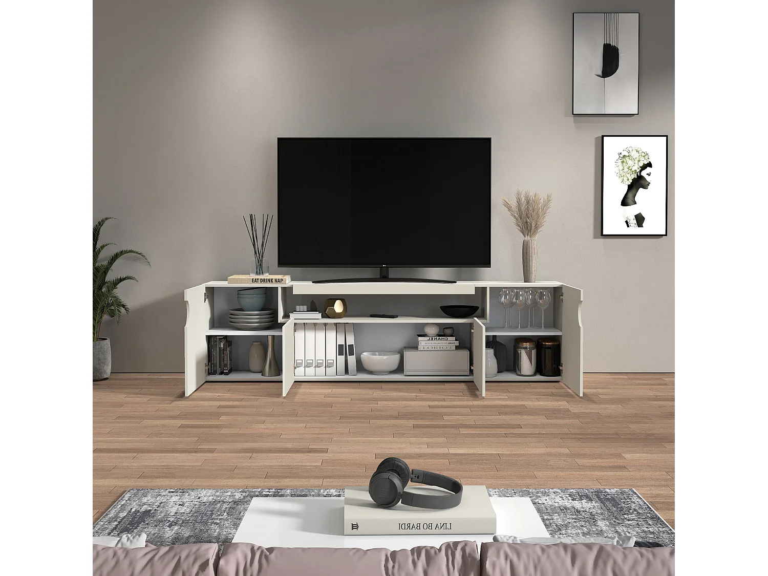 Mueble TV Real con 4 puertas y 1 compartimento abierto en color cachemira 200x40x60 cm