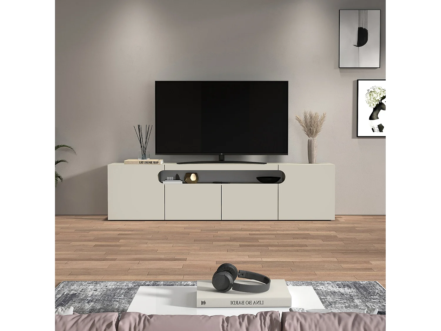 Mueble TV Real con 4 puertas y 1 compartimento abierto en color cachemira 240x40x60 cm