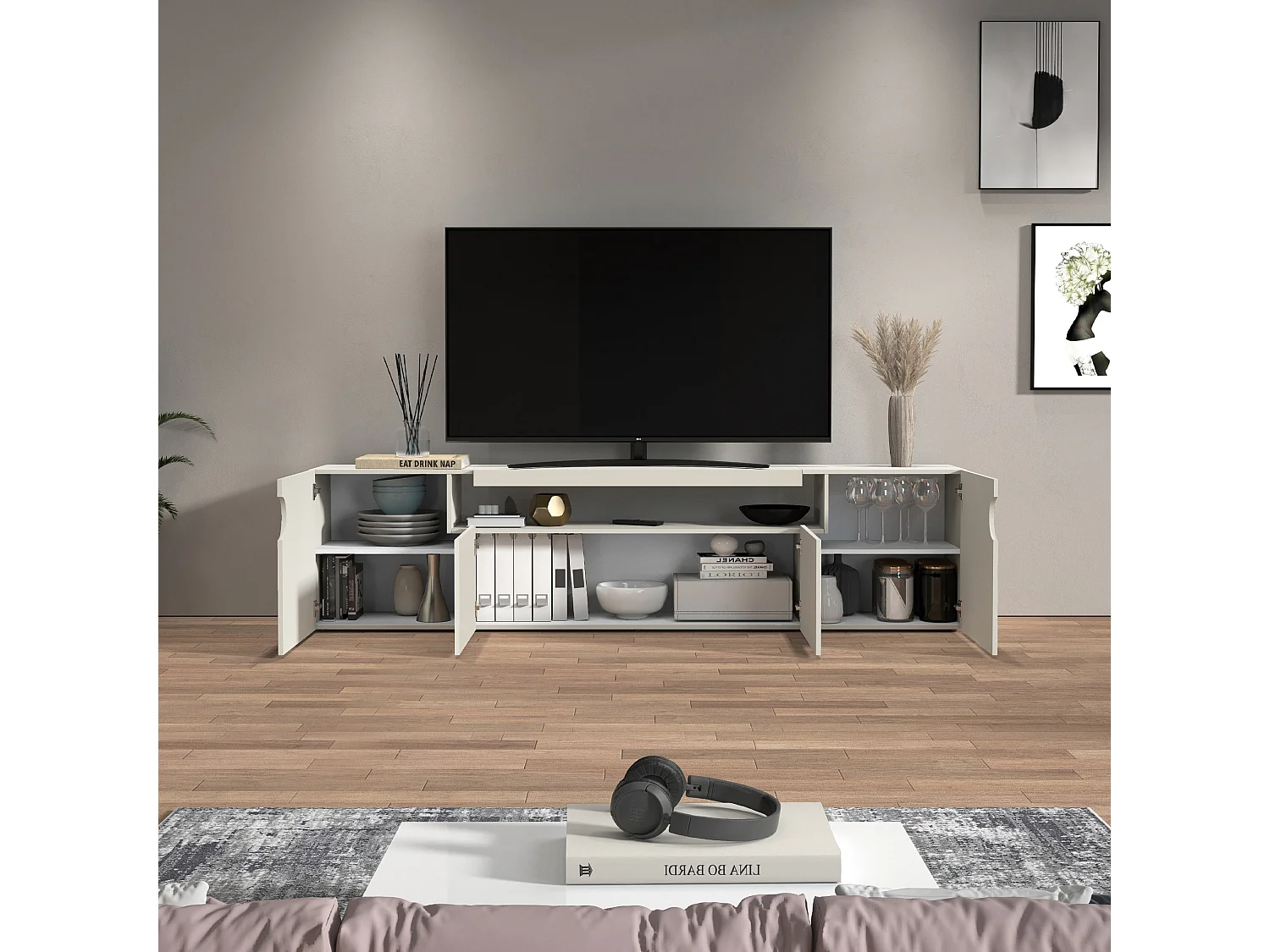 Mueble TV Real con 4 puertas y 1 compartimento abierto en color cachemira 240x40x60 cm