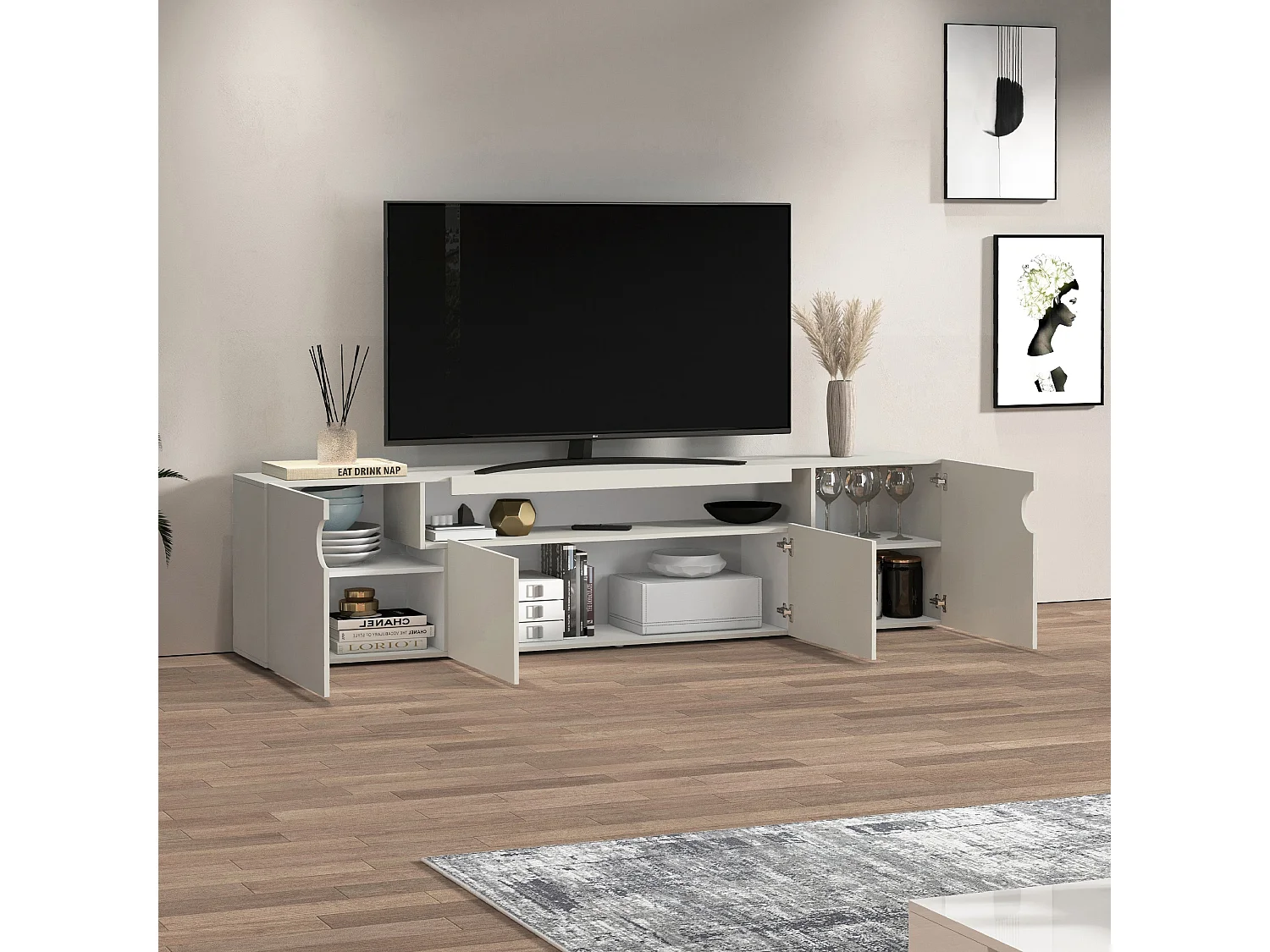 Mueble TV Real con 4 puertas y 1 compartimento abierto en color cachemira 240x40x60 cm