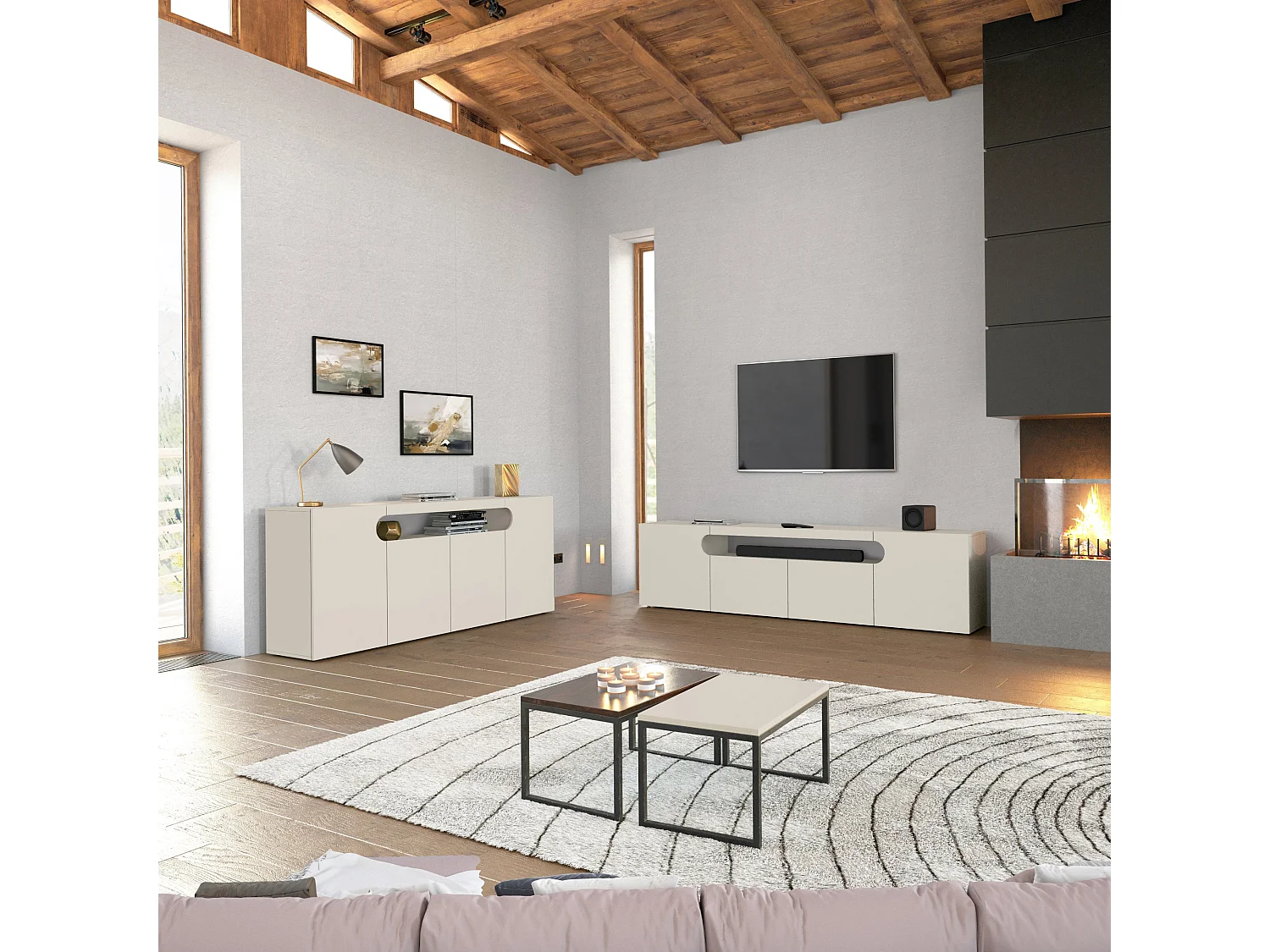 Mueble TV Real con 4 puertas y 1 compartimento abierto en color cachemira 240x40x60 cm