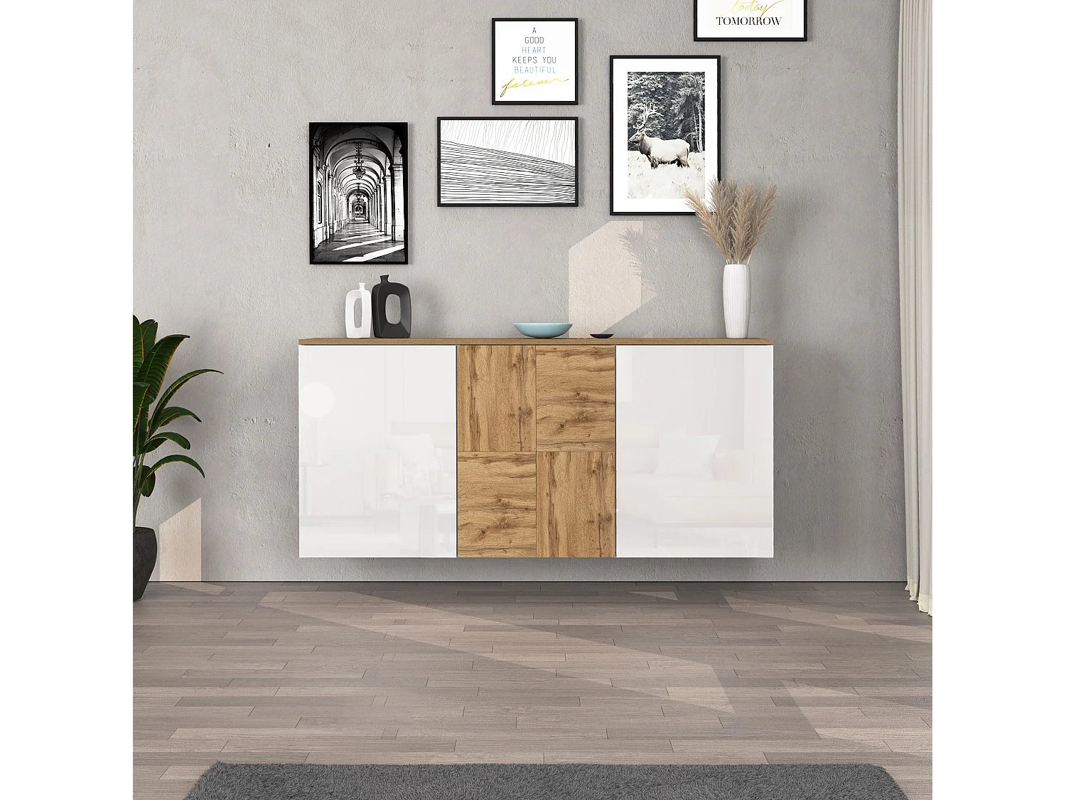 Credenza sospesa Iseo con 3 ante e 6 scomparti interni bianco lucido e rovere 150x35x70 cm