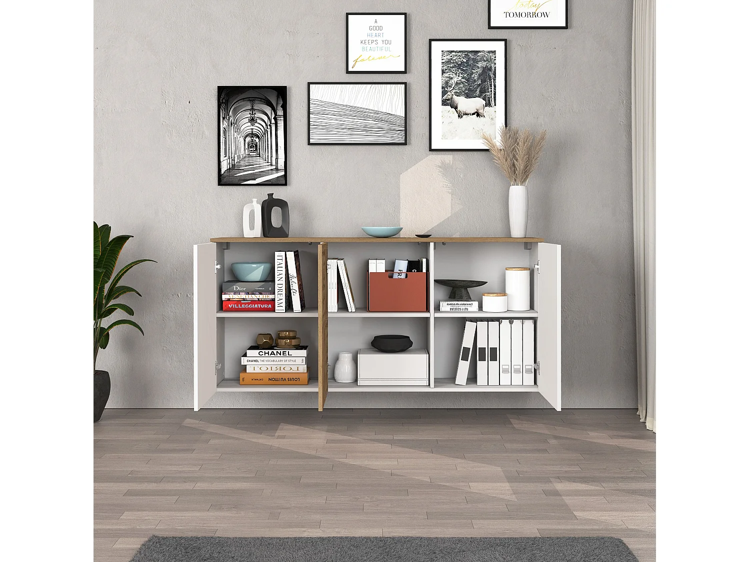 Credenza sospesa Iseo con 3 ante e 6 scomparti interni bianco lucido e rovere 150x35x70 cm