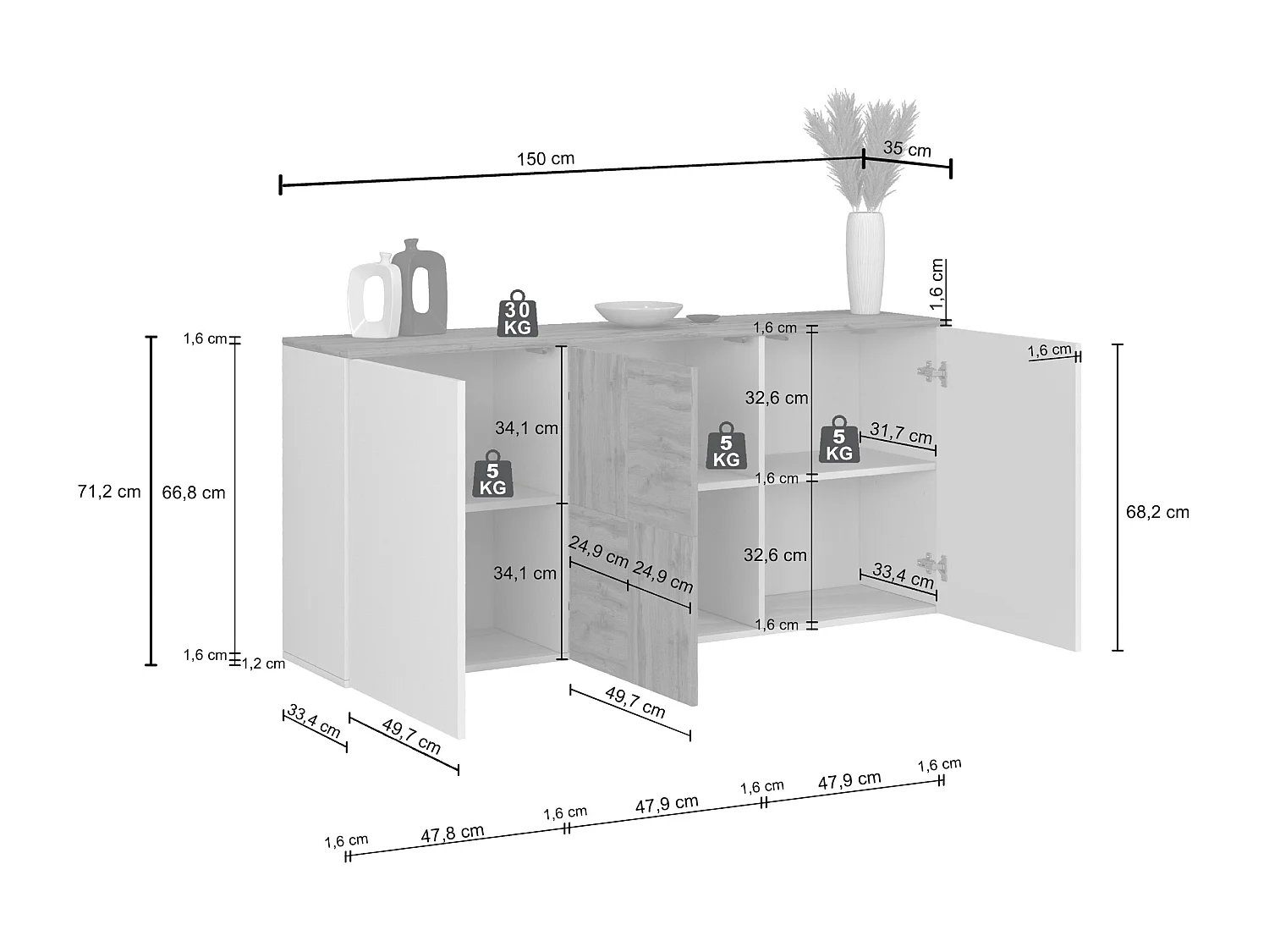 Credenza sospesa Iseo con 3 ante e 6 scomparti interni bianco lucido e rovere 150x35x70 cm