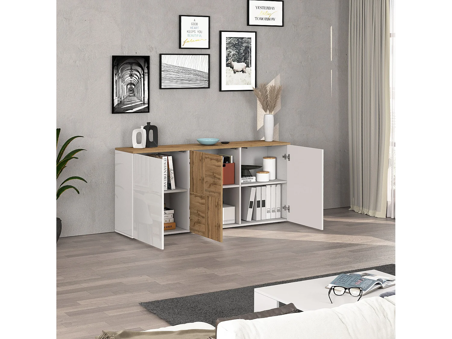 Credenza sospesa Iseo con 3 ante e 6 scomparti interni bianco lucido e rovere 150x35x70 cm