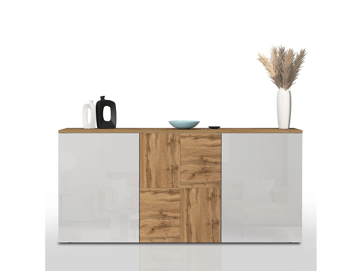 Credenza sospesa Iseo con 3 ante e 6 scomparti interni bianco lucido e rovere 150x35x70 cm