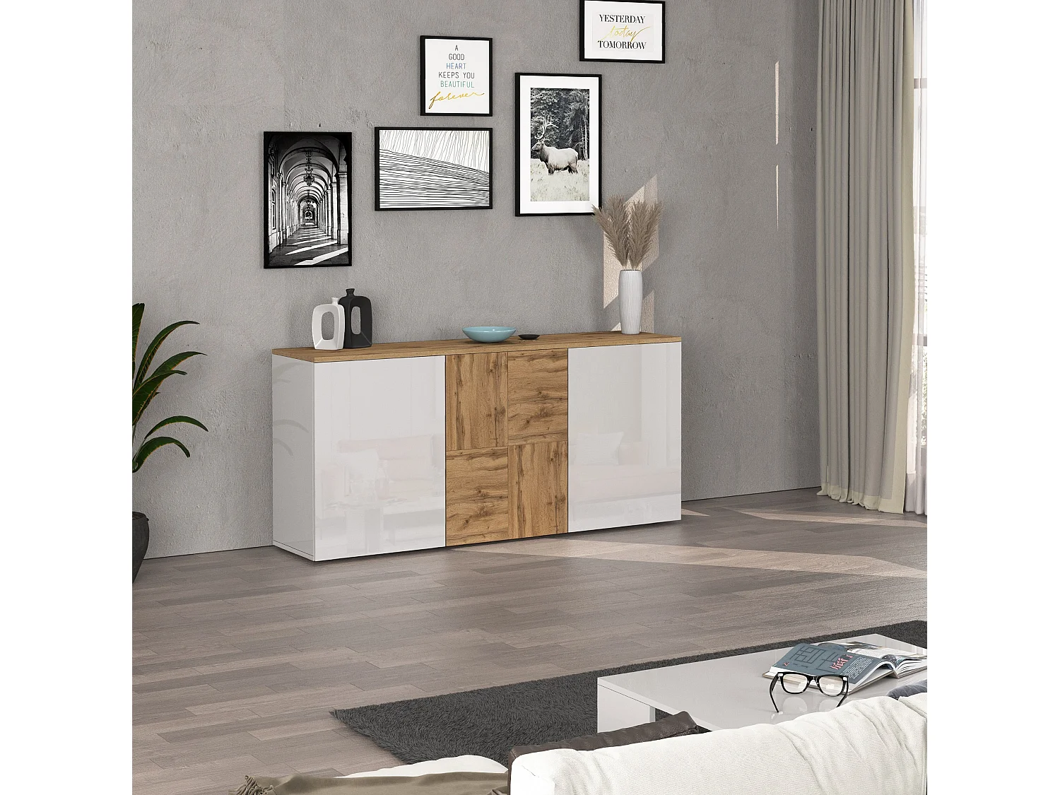 Credenza sospesa Iseo con 3 ante e 6 scomparti interni bianco lucido e rovere 150x35x70 cm