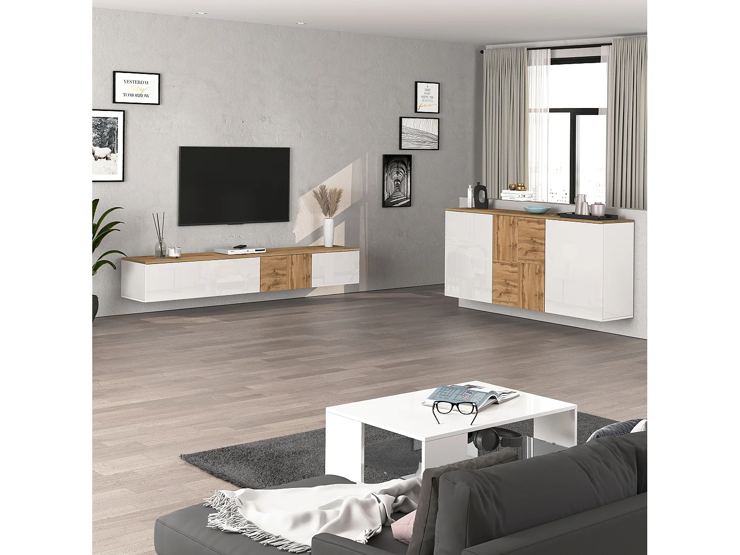 Credenza sospesa Iseo con 3 ante e 6 scomparti interni bianco lucido e rovere 150x35x70 cm