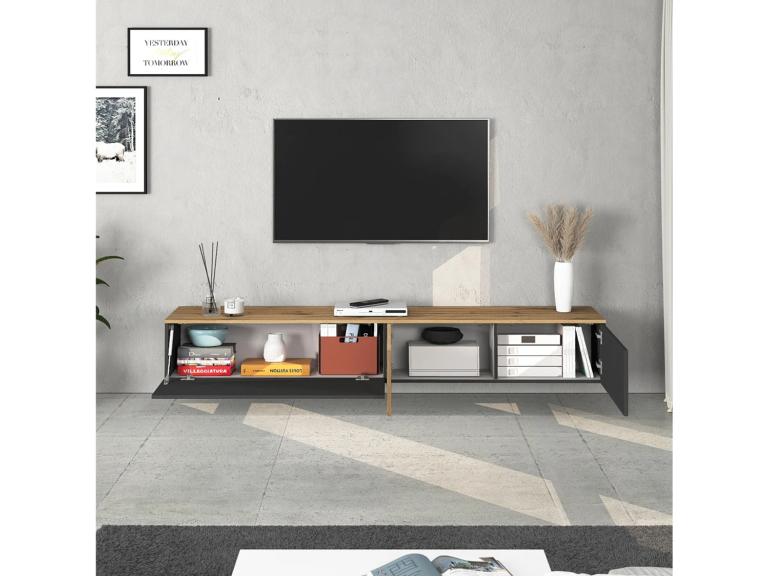Mobile porta TV sospeso Iseo con 2 ante e 1 ribalta antracite opaco e rovere 200x35x30 cm