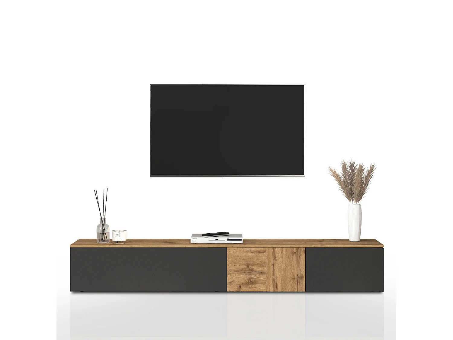 Mueble TV suspendido Iseo con 2 puertas y 1 puerta abatible, color antracita mate y roble, 200 x 35 x 30 cm