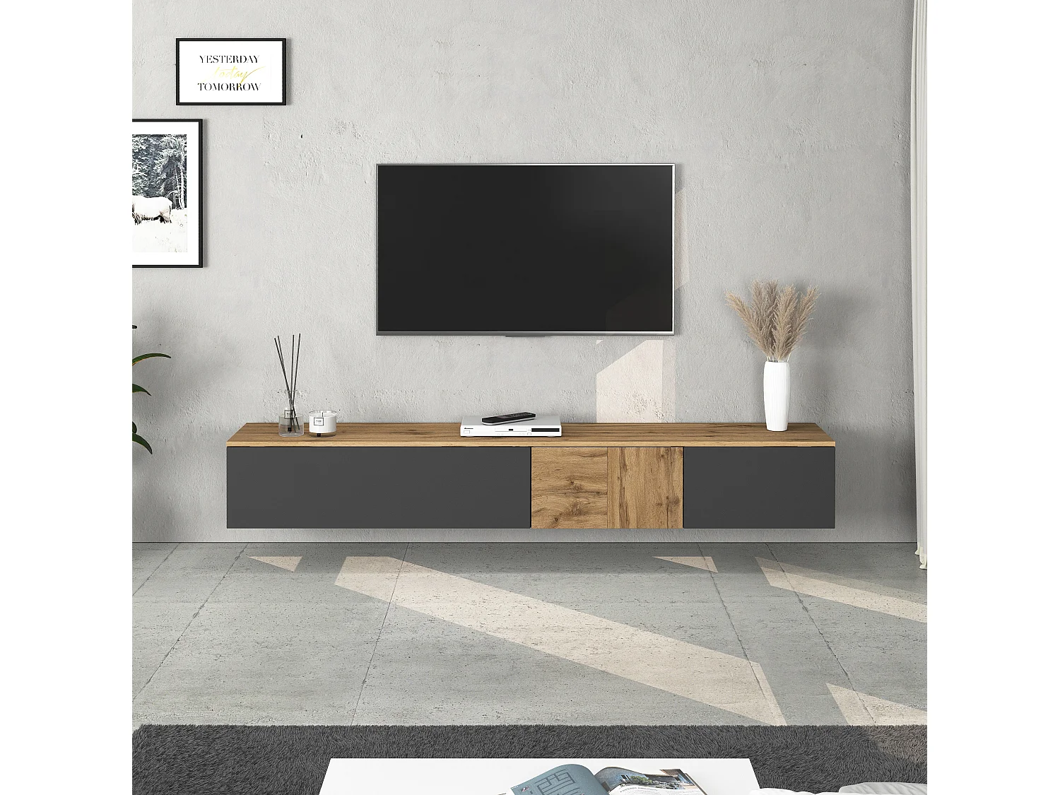 Mueble TV suspendido Iseo con 2 puertas y 1 puerta abatible, color antracita mate y roble, 200 x 35 x 30 cm