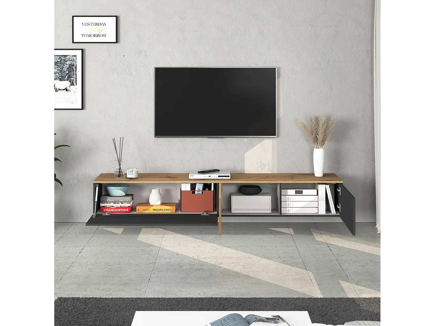 Mueble TV suspendido Iseo con 2 puertas y 1 puerta abatible, color antracita mate y roble, 200 x 35 x 30 cm