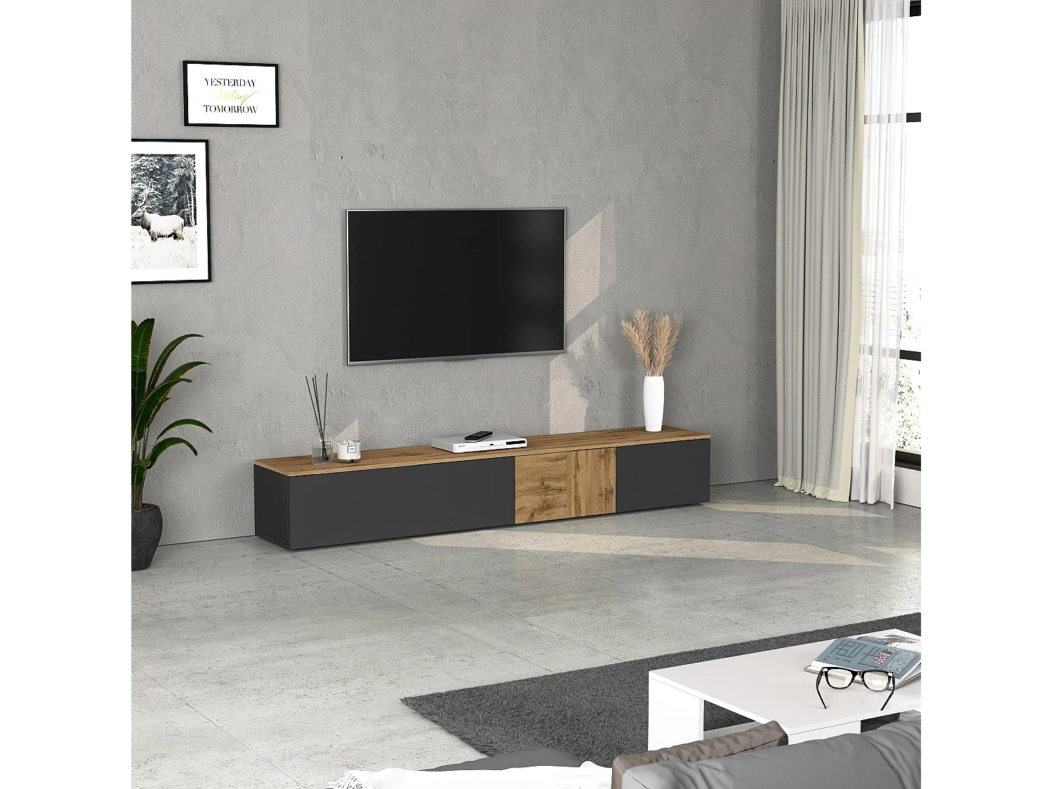 Mueble TV suspendido Iseo con 2 puertas y 1 puerta abatible, color antracita mate y roble, 200 x 35 x 30 cm