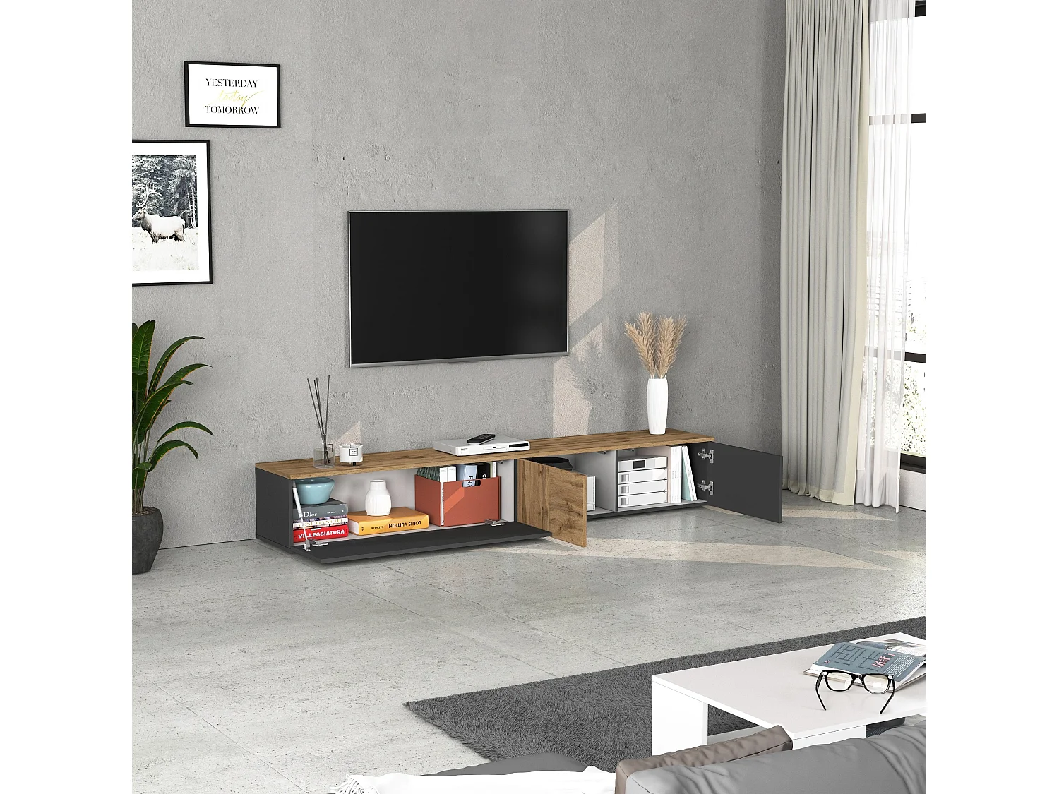 Mueble TV suspendido Iseo con 2 puertas y 1 puerta abatible, color antracita mate y roble, 200 x 35 x 30 cm